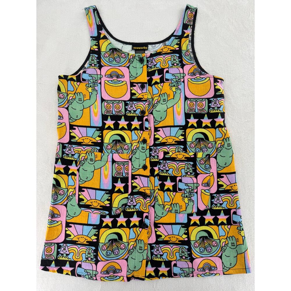 Nooworks Dreyfus 100% Linen Dress Black Rainbow Mushroom Tank Whimsical L - Picture 5 of 11